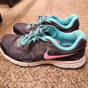 Nike Women's Revolution 2 Athletic Shoes - Dark Gray and Light Blue with Pink